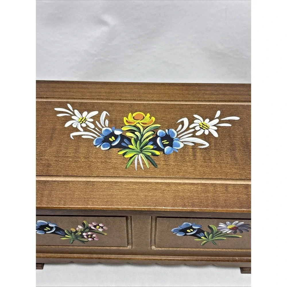 Reuge Swiss Jewelry Music Box Edelweiss Hand Painted Floral Wooden Vintage Works